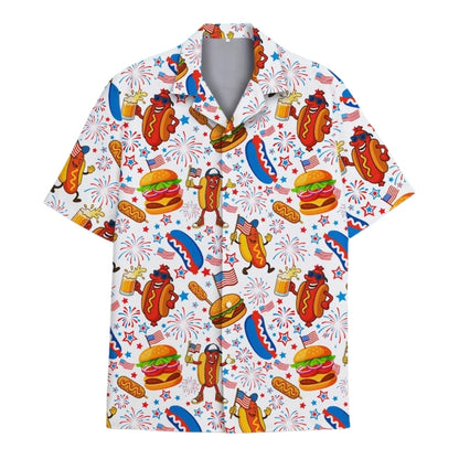 Funny Hot Dog And Burger American Flag Hawaiian Shirt Men Women, Hot Dog 4th of July Hawaiian Shirts HE0398