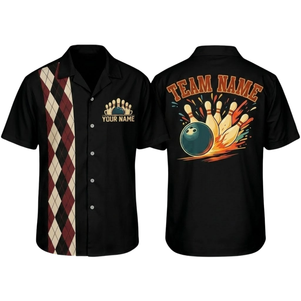 Custom Argyle Retro Navy Bowling Hawaiian Shirt Mens, Custom Team Retro Bowling Shirt BZ0797