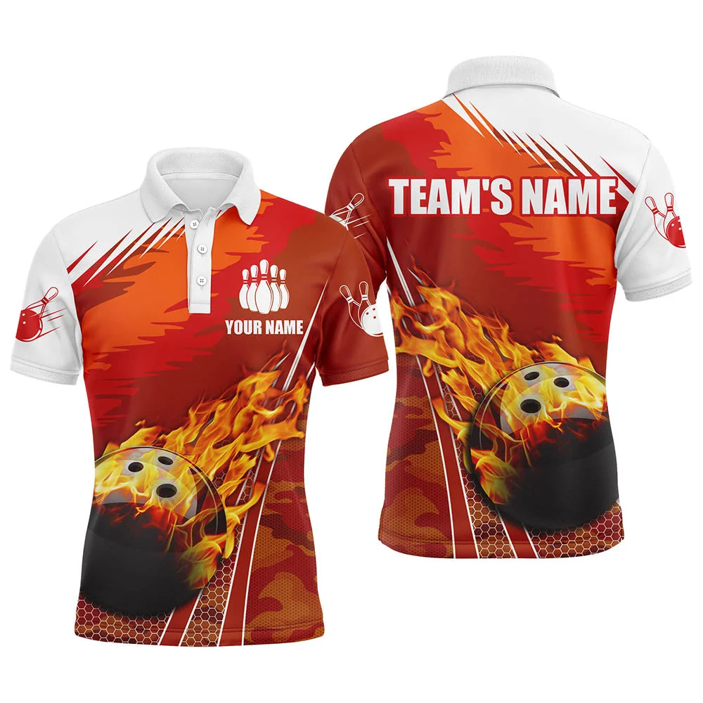 Flame Ball Custom Mens Orange White Bowling Polo Shirt For Men, Custom Flame Bowling Shirts For Team BZ0735