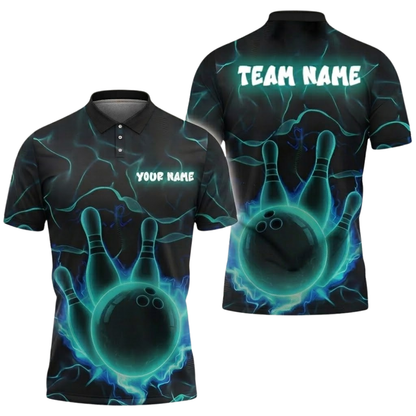 Neon Blue Thunder Custom Bowling Mens Polo Shirt, Custom Team Bowling Shirts BZ0679