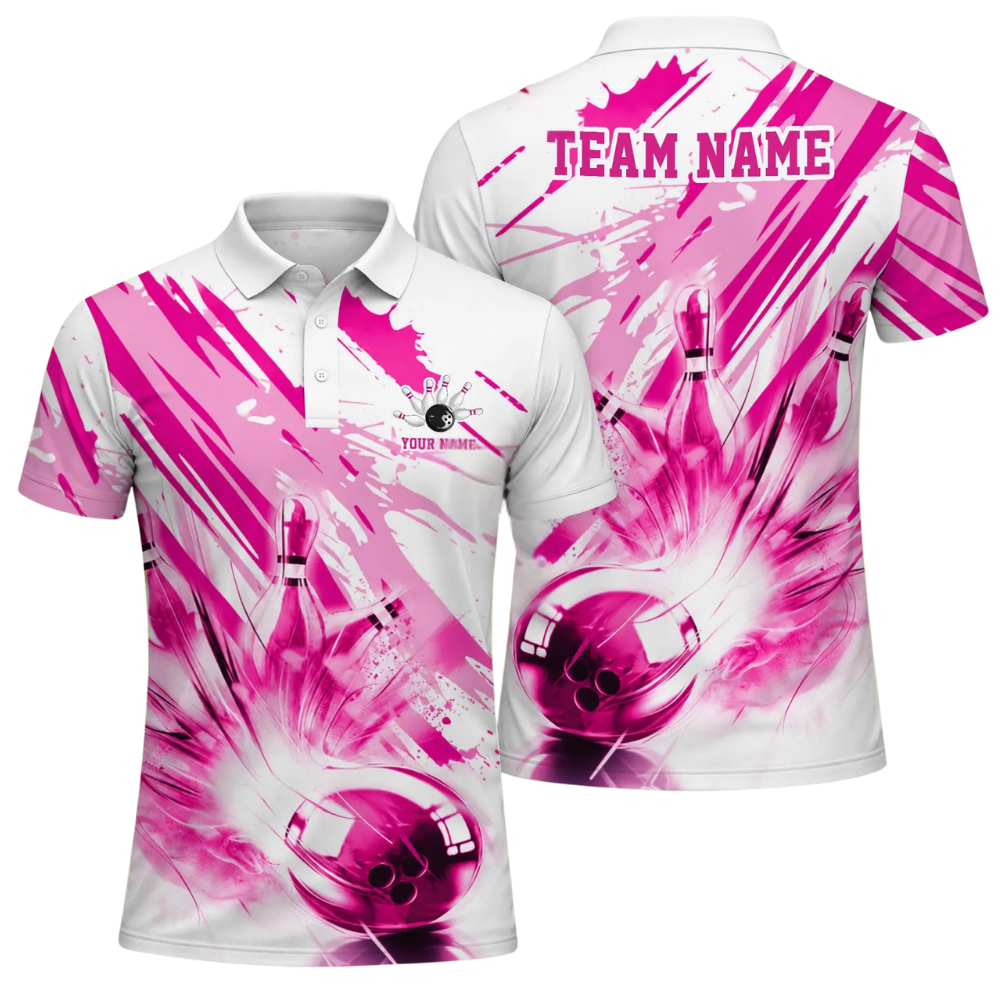 Custom Pink And White Bowling Mens Polo Shirt, Custom Team Bowling Shirts BE0200
