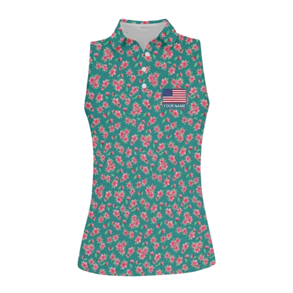 Custom Azalea Flowers Green Golf Sleeveless Shirt For Womens, Custom Floral Golf Shirt Ladies GE0546