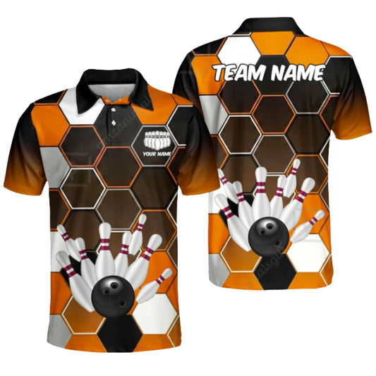 Custom Hexagon Orange Black Men's Bowling Polo Shirt, Custom Team Bowling Shirts BZ0391