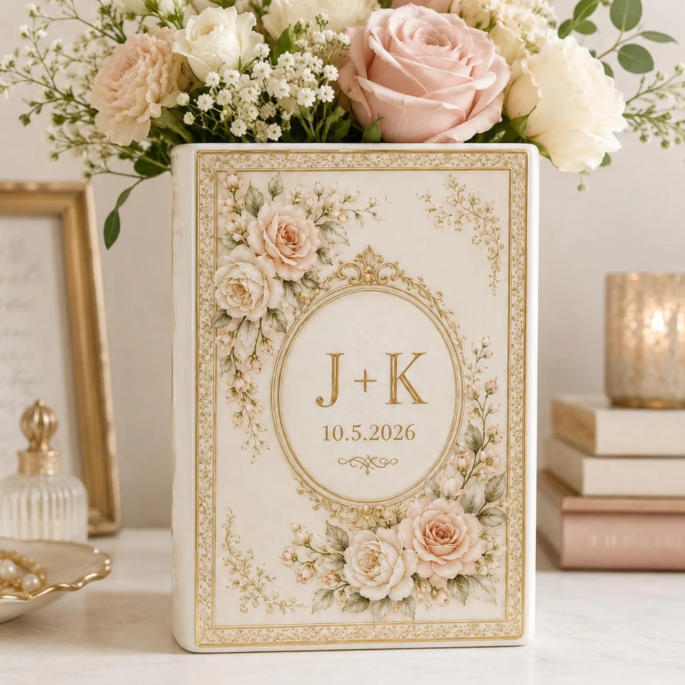Custom Couple Initials Pearl Floral Wedding Ceramic Book Vase, Personalized Floral Book Vase For Wedding Engagement WD0616
