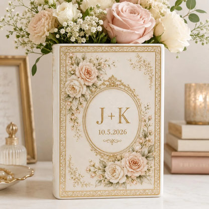 Custom Couple Initials Pearl Floral Wedding Ceramic Book Vase, Personalized Floral Book Vase For Wedding Engagement WD0616