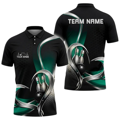 Custom Team Blue Silver Men's Bowling Polo Shirt, Custom Bowling Team Shirts BZ0799
