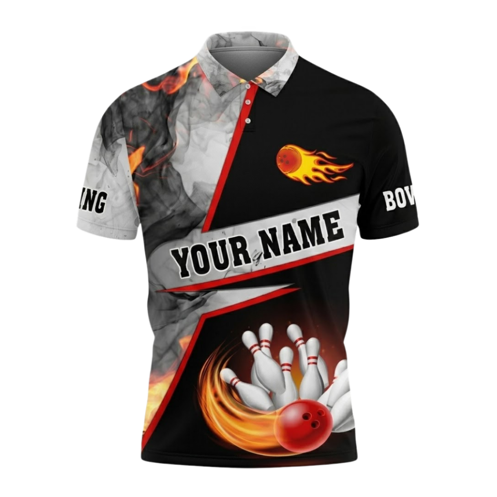 Custom Flame Smoke Grey Bowling Polo Shirt For Men, Custom Flame Bowling Team Shirts BZ0650