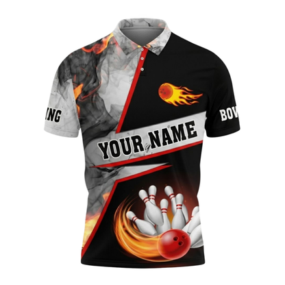 Custom Flame Smoke Grey Bowling Polo Shirt For Men, Custom Flame Bowling Team Shirts BZ0650