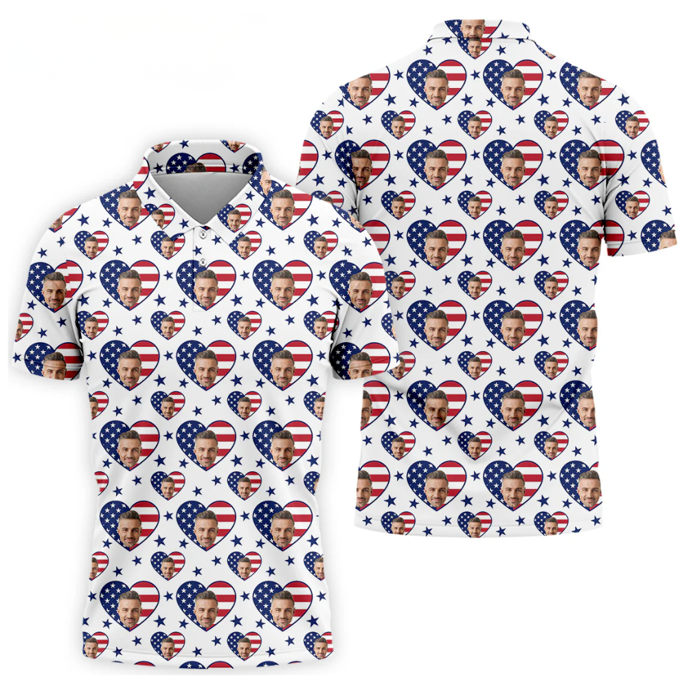 American Flag Custom Face Golf Polo Shirt Men, Custom Photo Patriotic 4th Of July Golf Shirts GZ0291