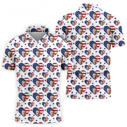 American Flag Custom Face Golf Polo Shirt Men, Custom Photo Patriotic 4th Of July Golf Shirts GZ0291