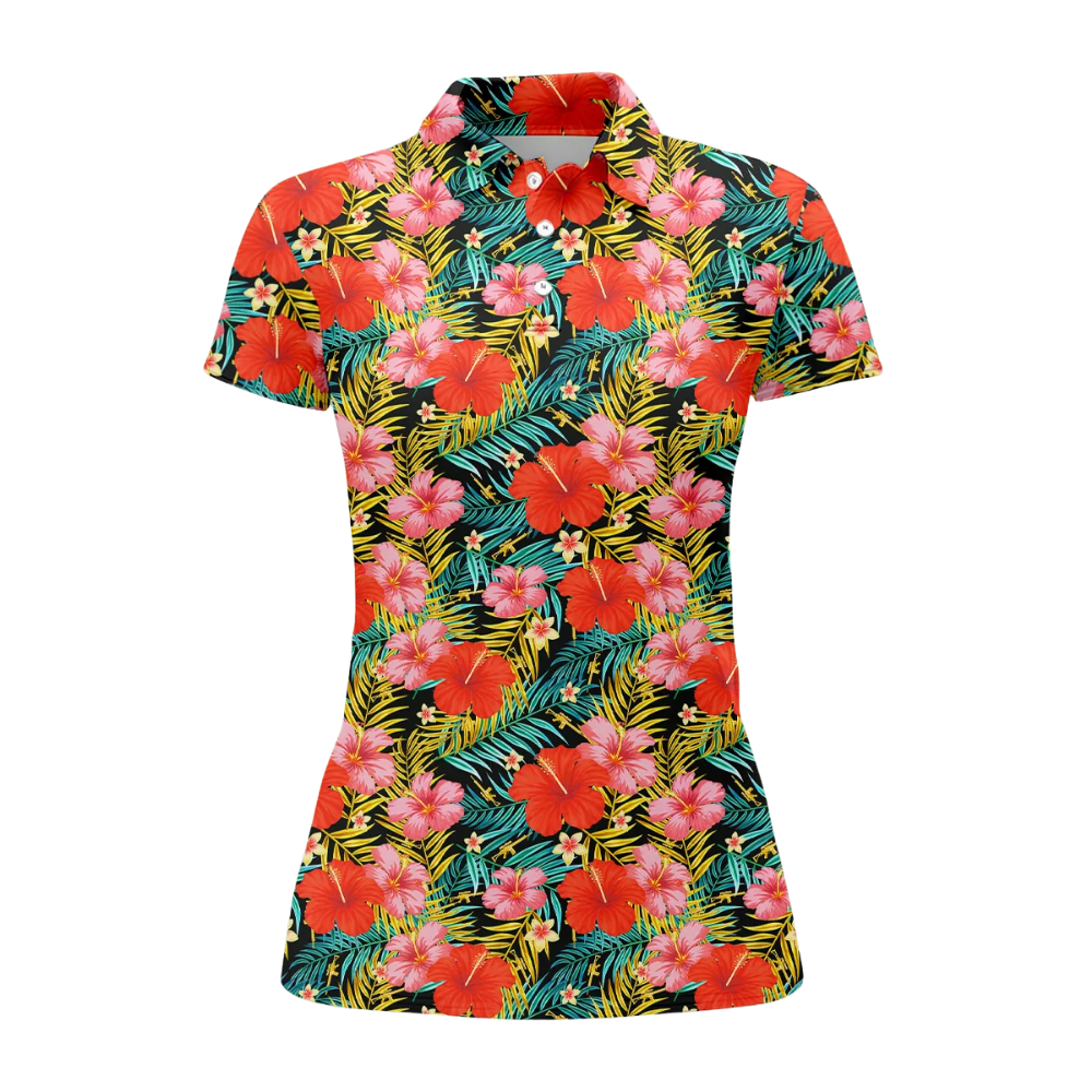 Red Hibiscus Golf Polo Shirt For Ladies, Tropical Floral Golf Shirt For Women GZ0357