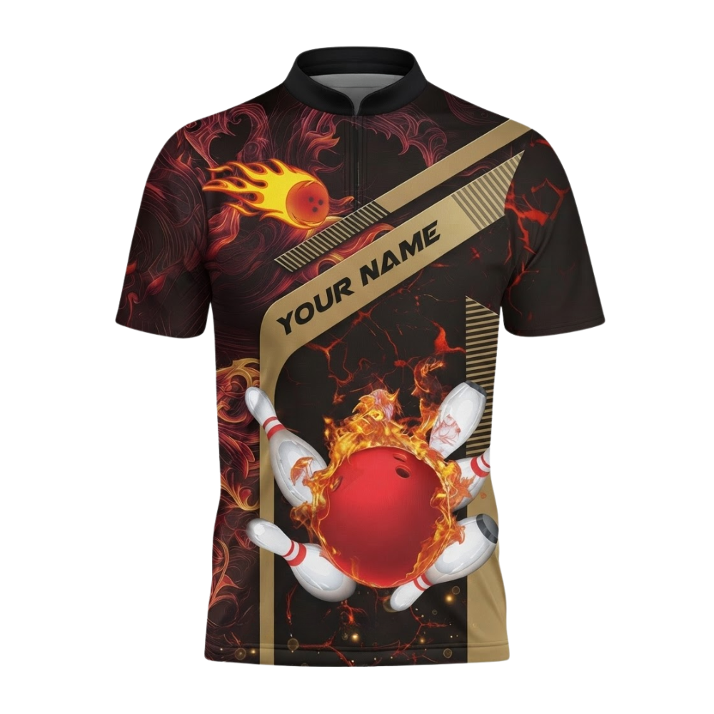 Flaming Ball Custom Red Gold Bowling Jersey For Mens, Custom Flame Bowling Shirts Team BZ0578