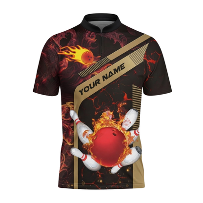 Flaming Ball Custom Red Gold Bowling Jersey For Mens, Custom Flame Bowling Shirts Team BZ0578