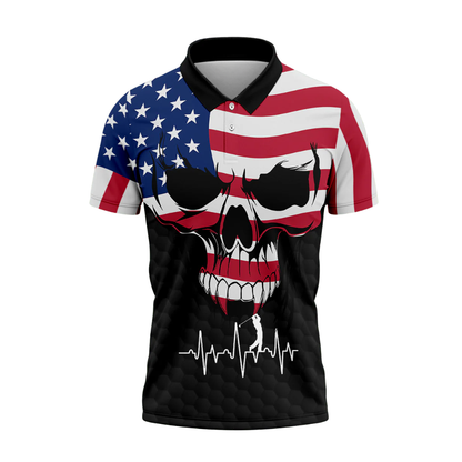 American Flag Skull Golf Men Polo Shirt, Patriotic Skull Golf Shirts GZ0299