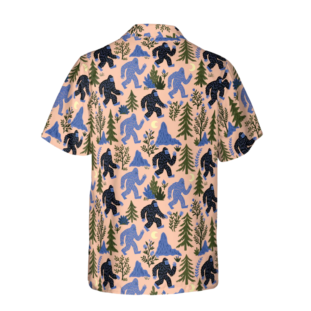 Bigfoot Forest Blue Pink Men's Hawaiian Shirt, Bigfoot Sasquatch Hawaiian Shirts HE0458