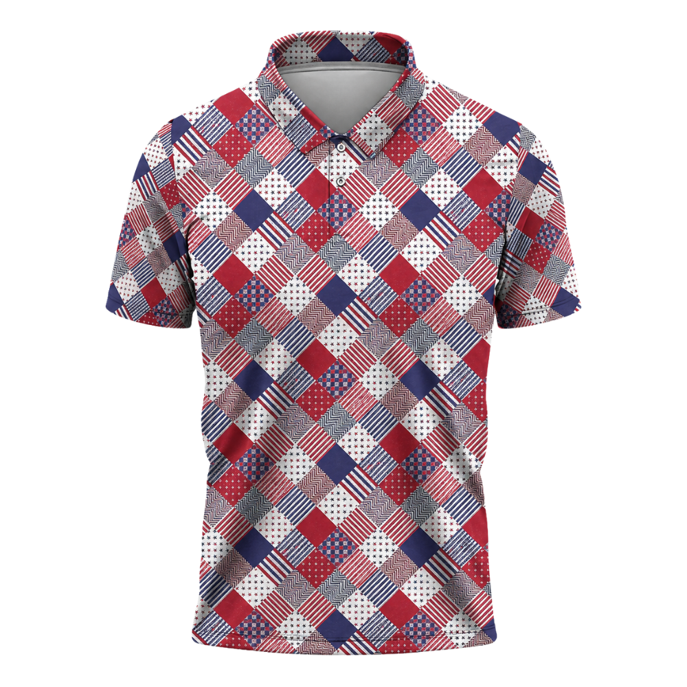 Blue Red White USA Flag Patchwork Golf Polo Shirt Men, Patriotic Golf Shirt 4th Of July GZ0283