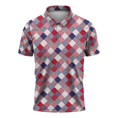 Blue Red White USA Flag Patchwork Golf Polo Shirt Men, Patriotic Golf Shirt 4th Of July GZ0283