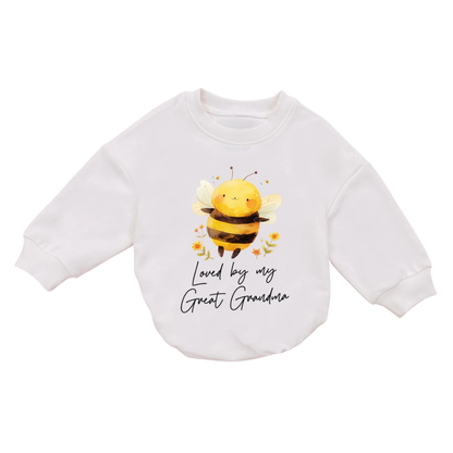 Loved By My Great Grandma Bee Baby Romper Sweatshirt, Custom Grandma Baby Romper Sweater BB0693