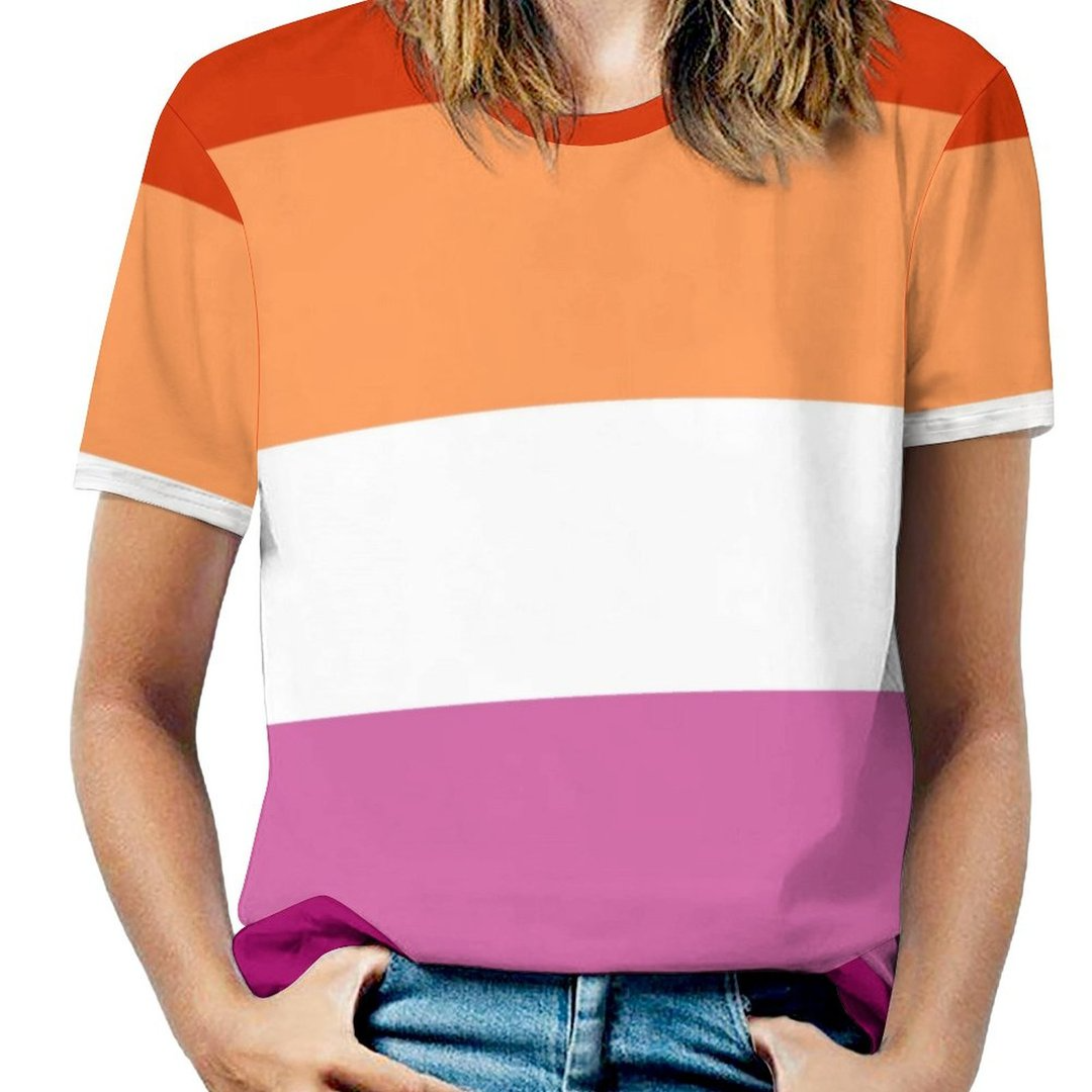 Lesbian Pride Flag Lgbt Vertical Stripe Short Sleeve Shirt Women Plus Size Blouse Tunics Tops, Lesbian 3D Shirt LO0913