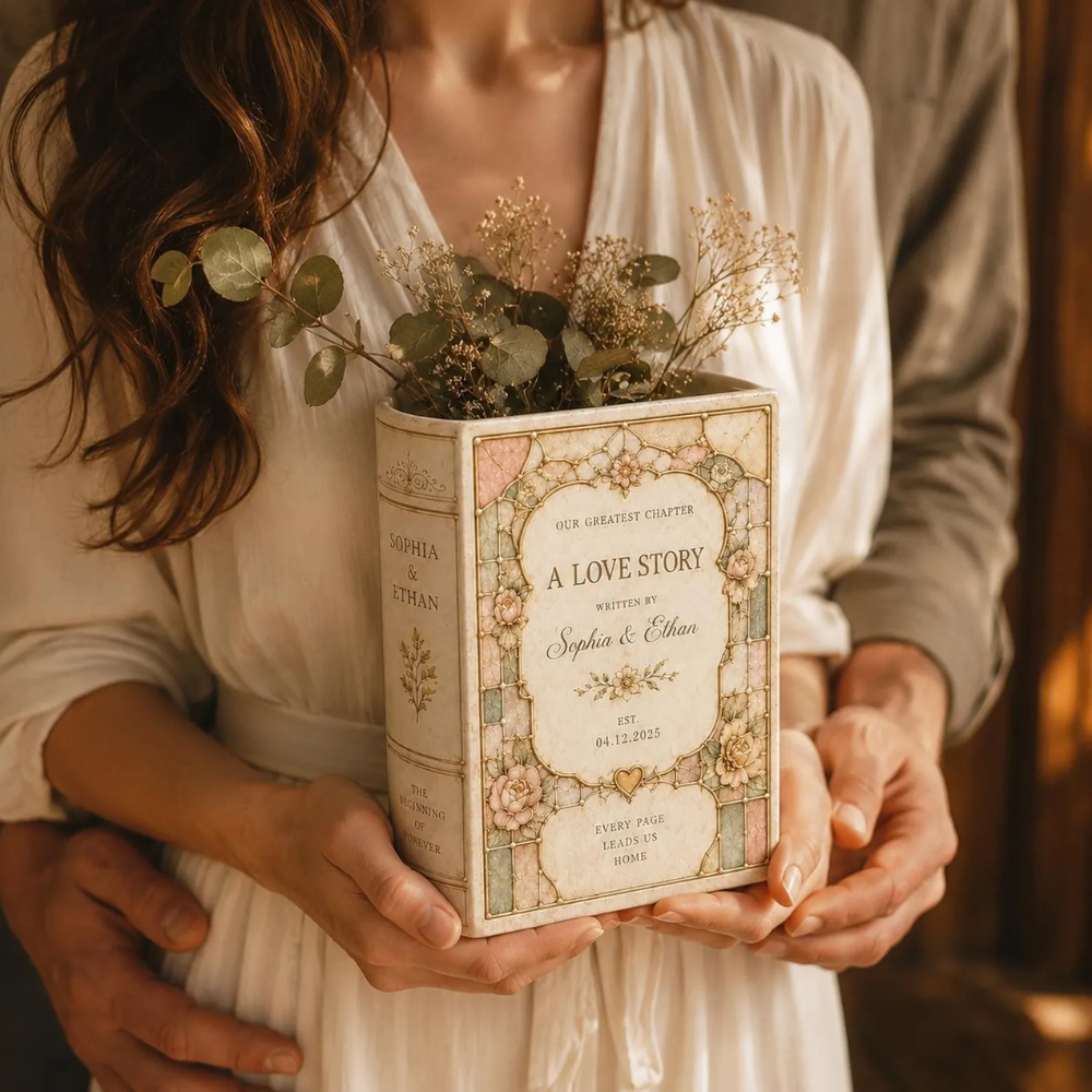 Custom Pink Stained Glass Ceramic Flower Book Vase For Wedding Engagement Anniversary, Custom Stained Glass Wedding Book Vase WD0562
