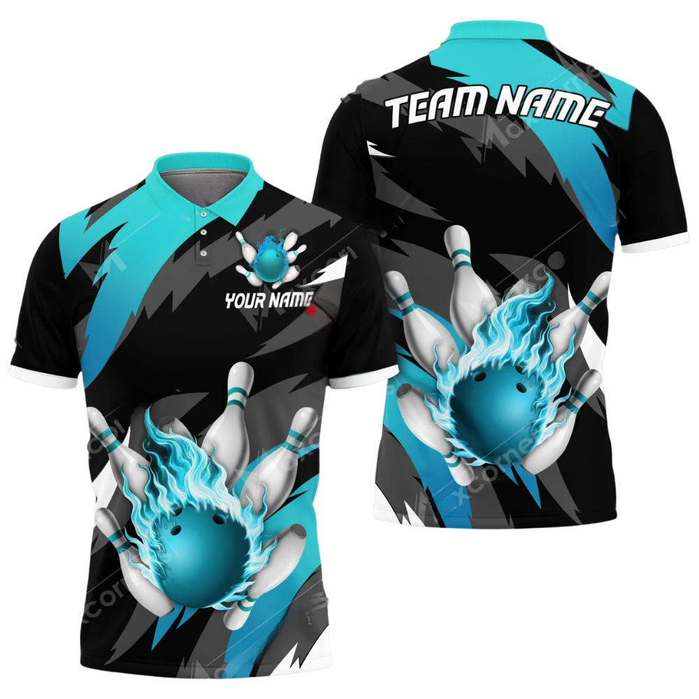 Custom Cyan Flame Bowling Mens Polo Shirt, Custom Flame Bowling Team Shirts BZ0590