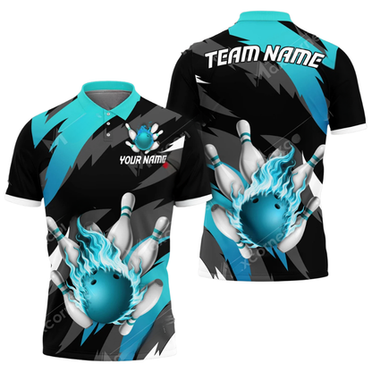 Custom Cyan Flame Bowling Mens Polo Shirt, Custom Flame Bowling Team Shirts BZ0590