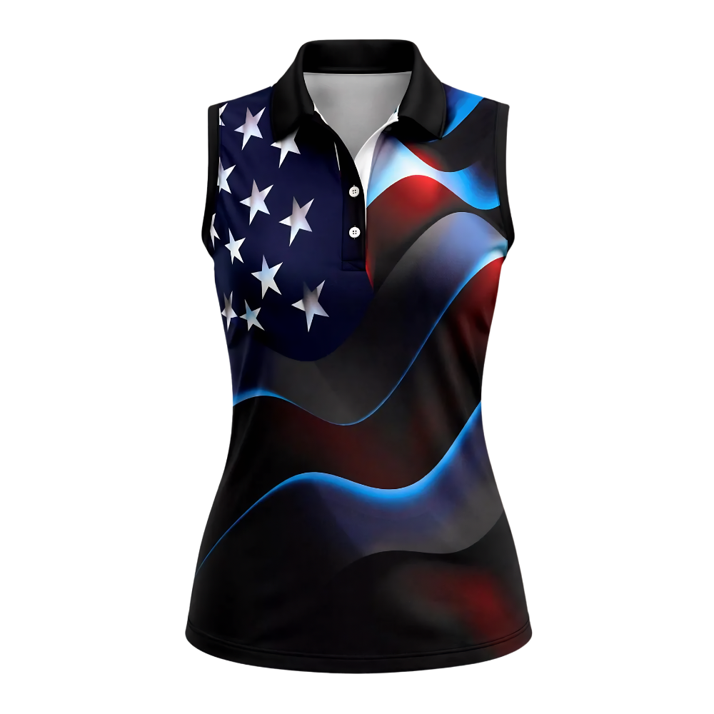 Neon American Flag Women's Sleeveless Golf Shirt, 4th Of July Patriot Golf Shirts For Ladies