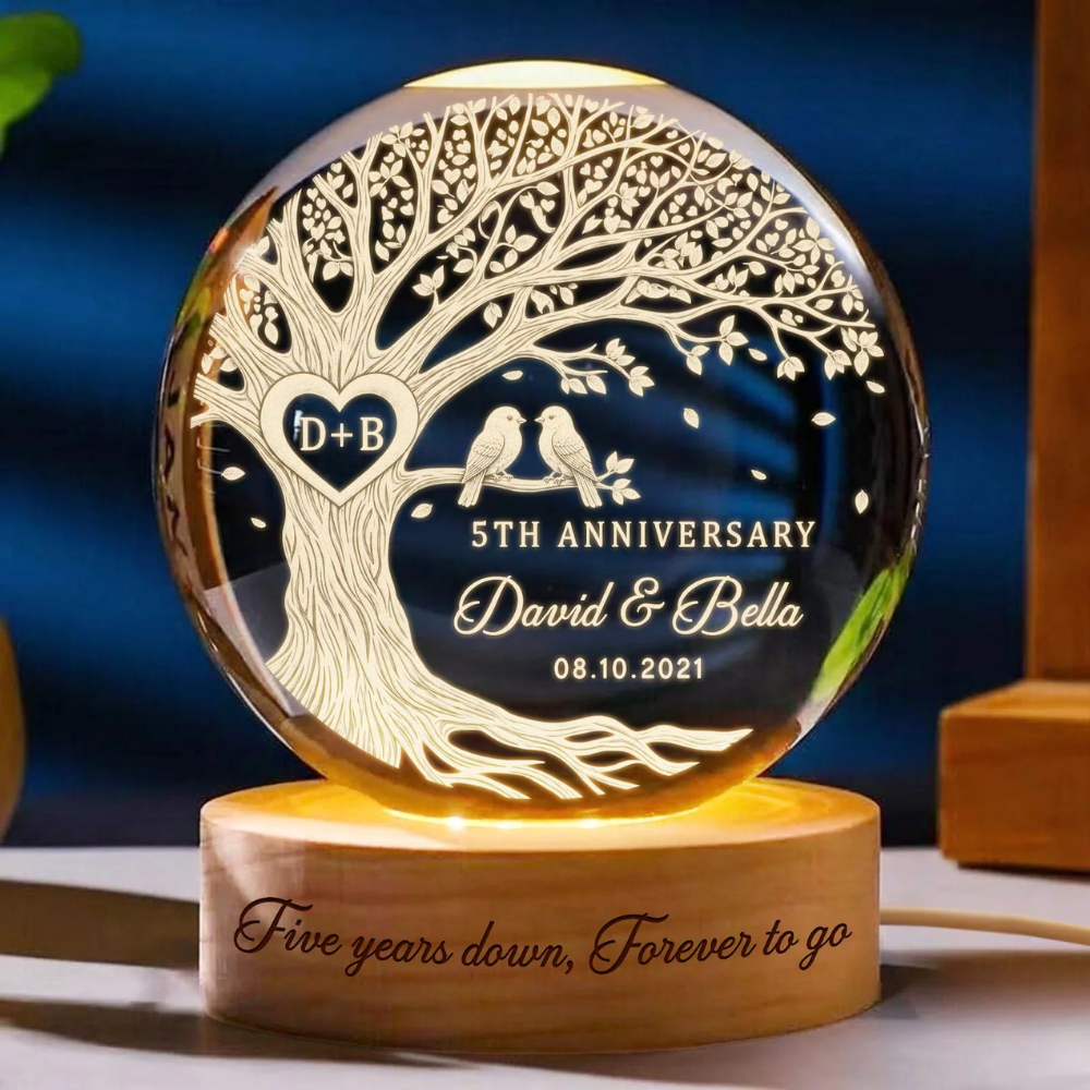 Five Years Down Forever To Go Custom Birds Couple Crystal Ball Led Night Light, Custom 5th Wedding Anniversary Night Light WD0895