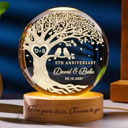 Five Years Down Forever To Go Custom Birds Couple Crystal Ball Led Night Light, Custom 5th Wedding Anniversary Night Light WD0895