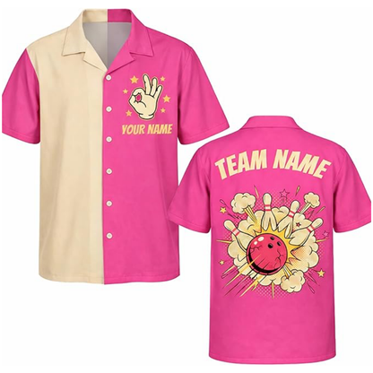 Custom Retro Blue Beige Bowling Hawaiian Shirt Mens, Custom Team Retro Bowling Shirt BZ0570