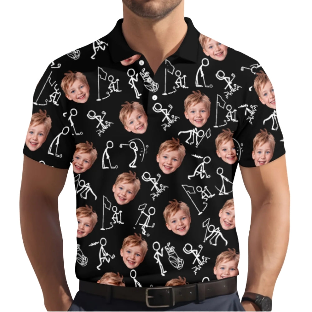 Custom Photo Stickfigures Grey Men's Golf Polo Shirt, Custom Photo Golf Shirts GZ0254