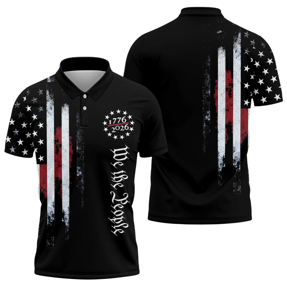 1776-2026 We The People USA Flag Black Golf Mens Polo Shirt, Independence Day Golf Shirts GE0537