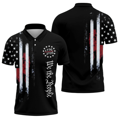1776-2026 We The People USA Flag Black Golf Mens Polo Shirt, Independence Day Golf Shirts GE0537
