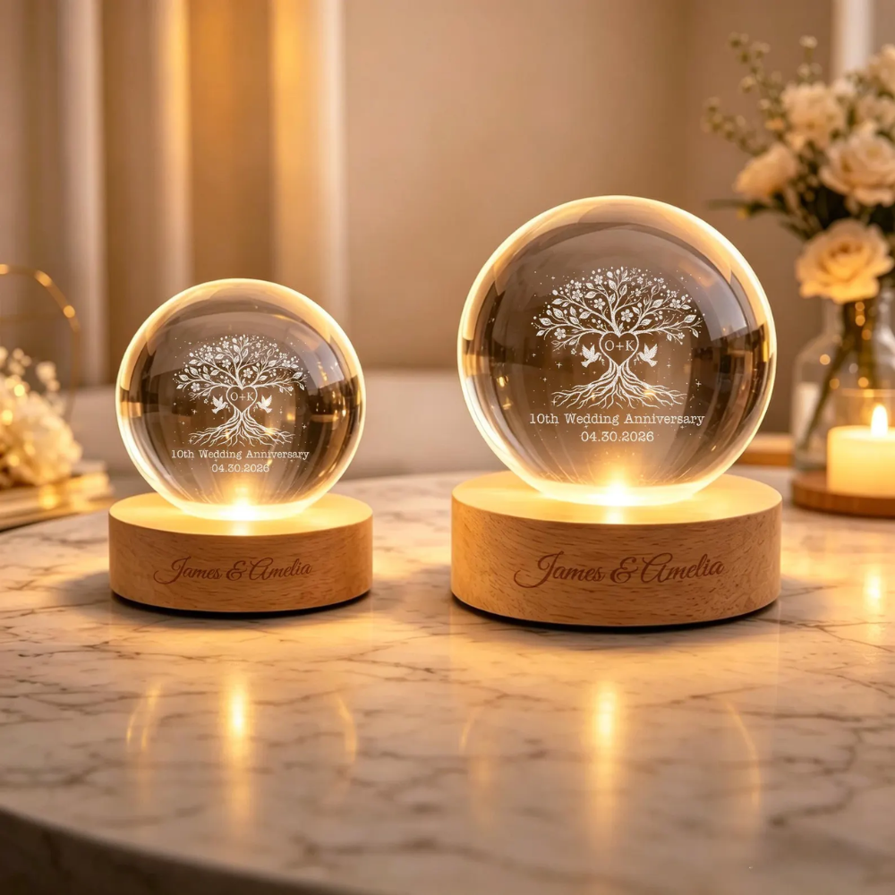 Custom 10th Wedding Anniversary Tree Crystal Ball Led Night Light, Custom Ten Years Wedding Night Light WD0824