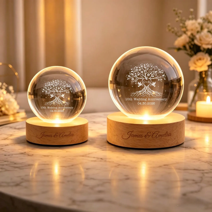 Custom 10th Wedding Anniversary Tree Crystal Ball Led Night Light, Custom Ten Years Wedding Night Light WD0824