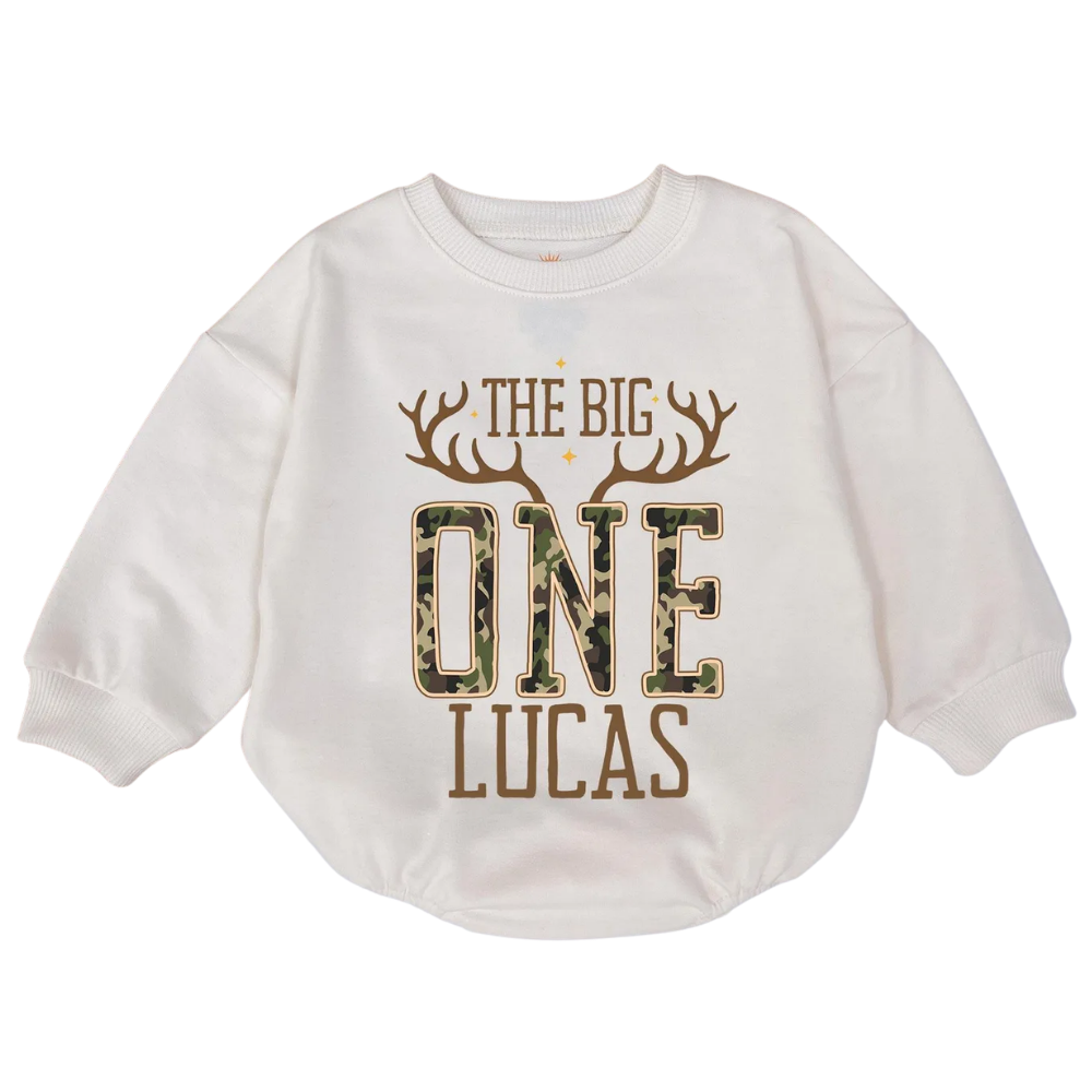 Custom The Big One Deer Camo Baby Romper Sweatshirt, Custom Deer Hunting First Birthday Romper Sweatshirt Baby BB0541