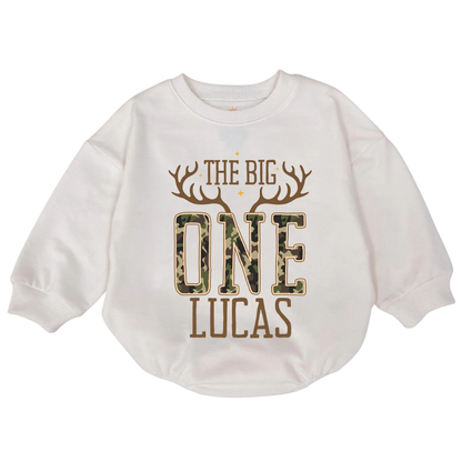 Custom The Big One Deer Camo Baby Romper Sweatshirt, Custom Deer Hunting First Birthday Romper Sweatshirt Baby BB0541