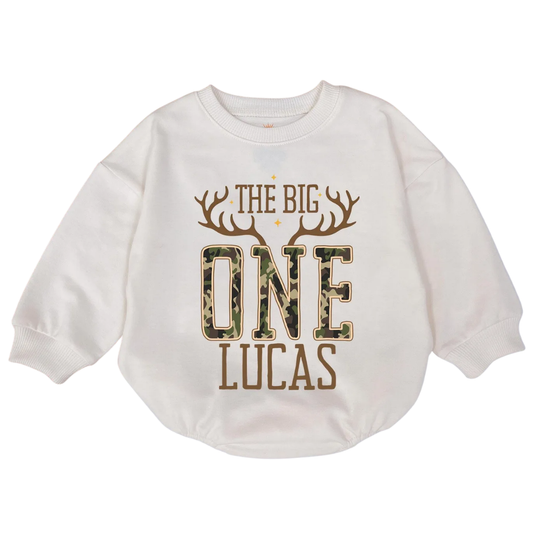 Custom The Big One Deer Camo Baby Romper Sweatshirt, Custom Deer Hunting First Birthday Romper Sweatshirt Baby BB0541