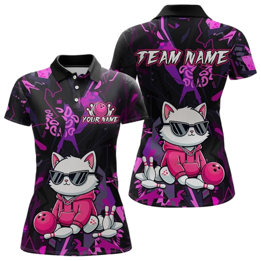 Custom Cat Black Pink Women's Bowling Polo Shirt, Cat Lover Custom Team Bowling Shirts For Ladies BZ0534