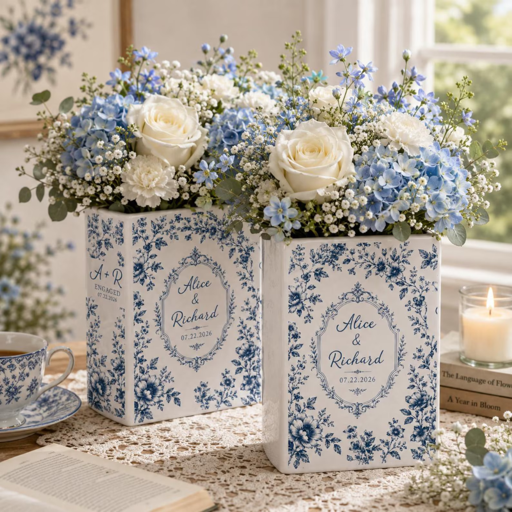 Personalized Toile De Jouy Floral Engaged Ceramic Book Vase, Custom Couple Name Engagement Book Vase WD0552