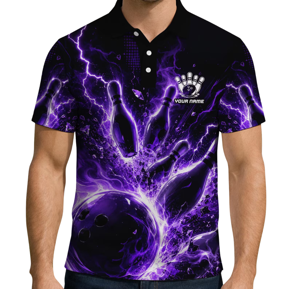 Custom Thunder Lightning Purple Bowling Polo Shirt, Custom Team Thunder Bowling Shirts BE0193
