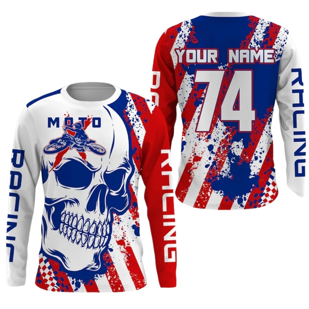 Custom Skull White Red And Blue Long Sleeve Motocross Shirt For Men, Custom Skull Patriotic Motocross Dirt Bike Jerseys ME0036