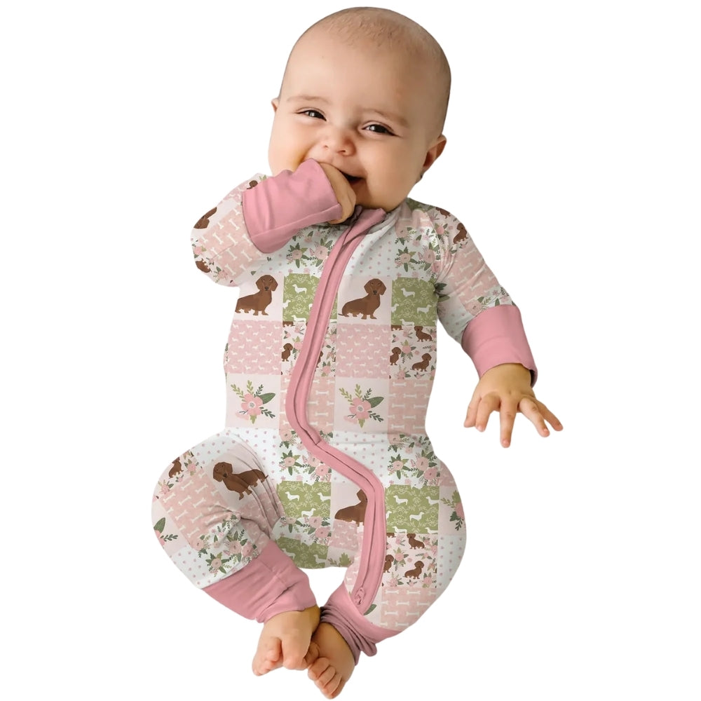 Dachshund Floral Pink Baby Convertible Zipper Romper, Dachshund Dog Convertible Baby Romper BB0666