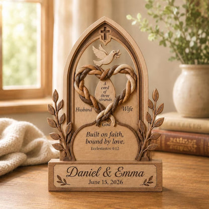 Custom Christian Couple Wooden Plaque Cord of Three Strands, Custom Faith Wedding Keepsake Wooden Block WD0782