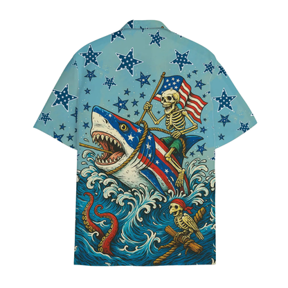 Shark Skull USA Flag Hawaiian Shirt For Men, Shark Patriotic Hawaiian Shirts HE0547