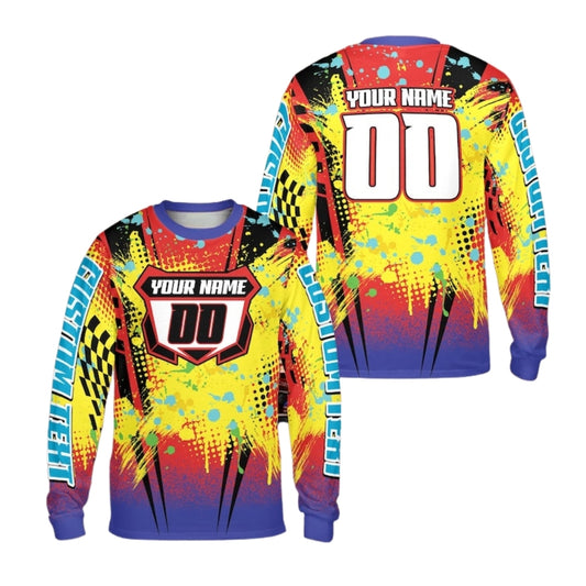 Custom Yellow Splatter Long Sleeve Motocross Jersey Mens, Custom Racing Dirt Bike Shirts With Number ME0037
