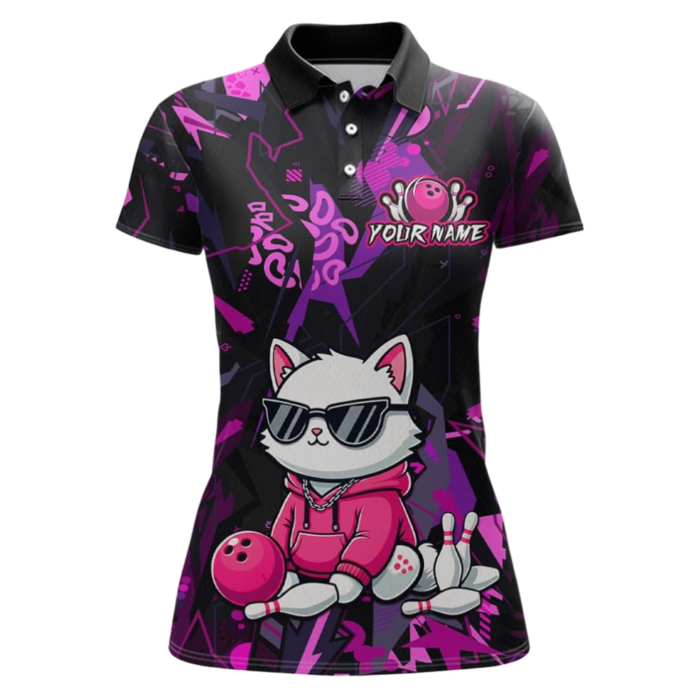 Custom Cat Black Pink Women's Bowling Polo Shirt, Cat Lover Custom Team Bowling Shirts For Ladies BZ0534