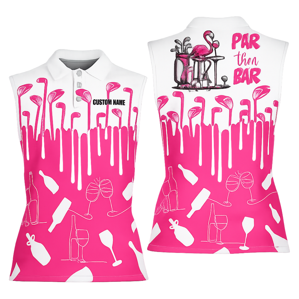 Flamingo Par Then Bar Women's Sleeveless Golf Shirt Pink White, Funny Flamingo Golf Shirts For Ladies GE0486
