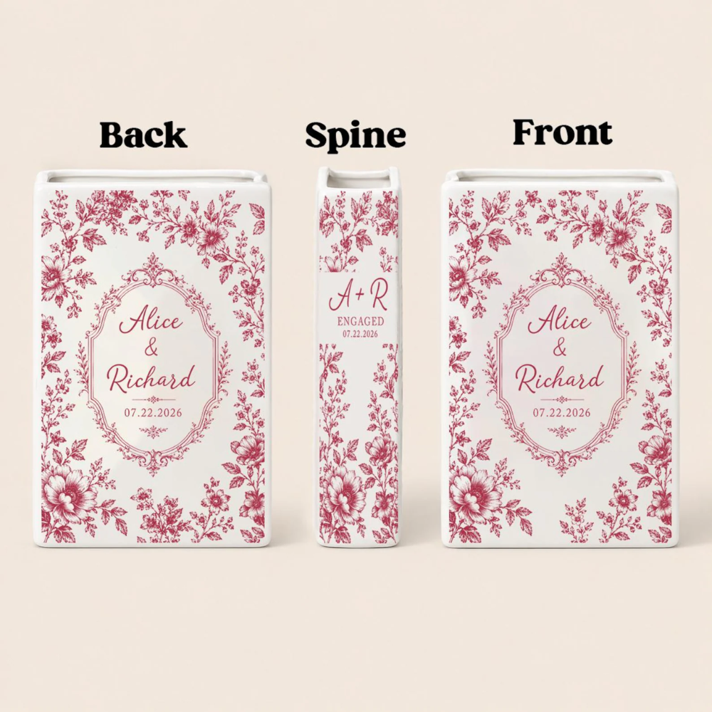 Personalized Toile De Jouy Floral Engaged Ceramic Book Vase, Custom Couple Name Engagement Book Vase WD0552