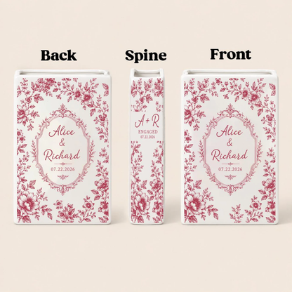 Personalized Toile De Jouy Floral Engaged Ceramic Book Vase, Custom Couple Name Engagement Book Vase WD0552
